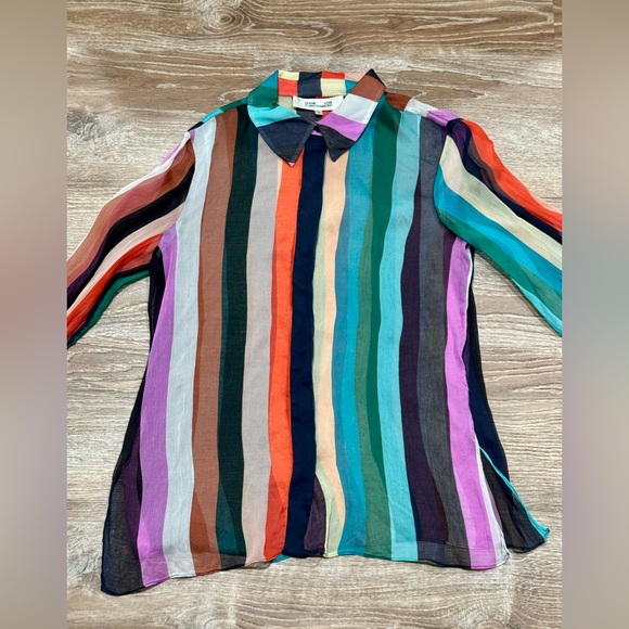 Diane Von Furstenberg Sheer Striped Blouse in Blue - Picture 2 of 6